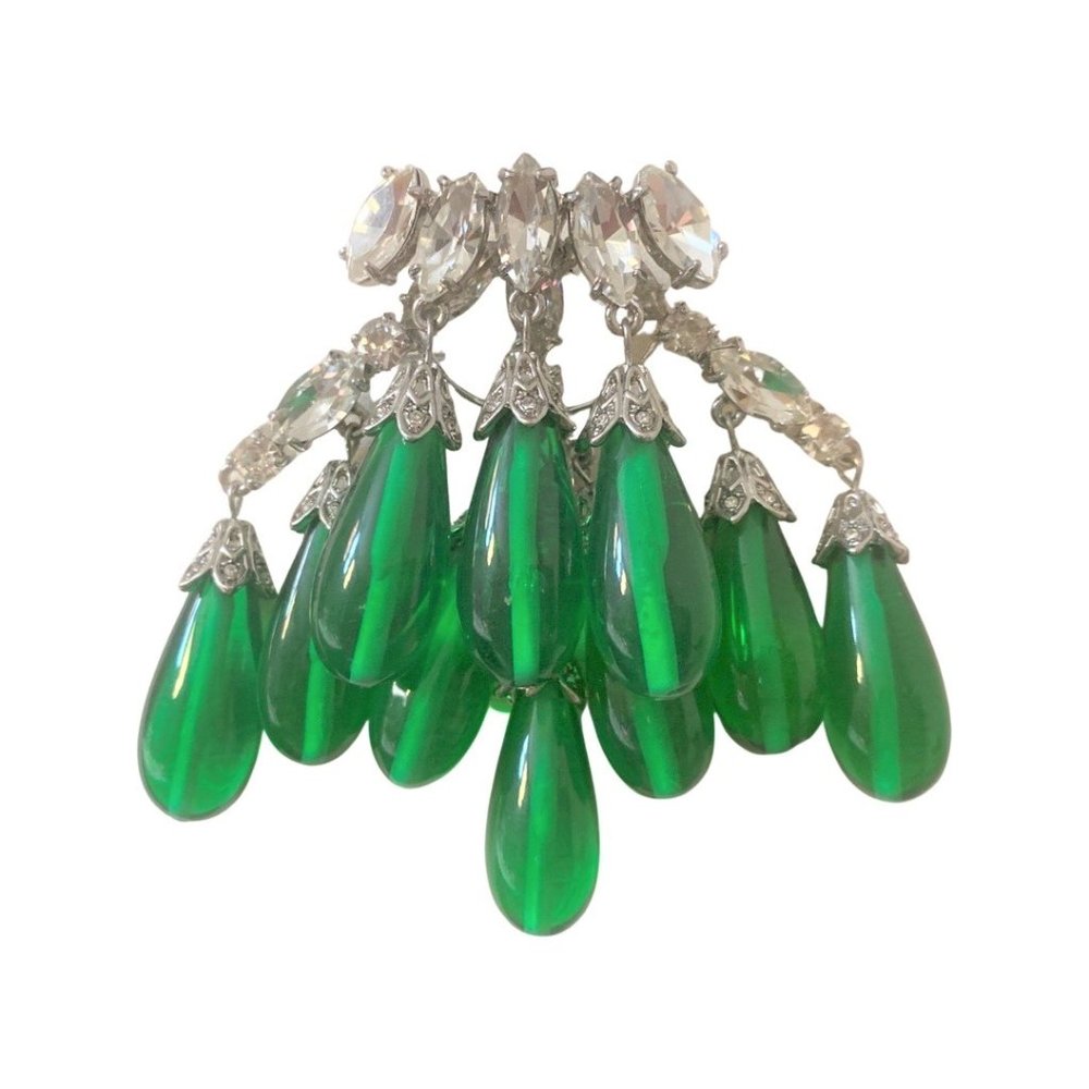 Exquisite Tear Drop Green Glass, Silver Tone Crystal Rhinestones Pin Brooch